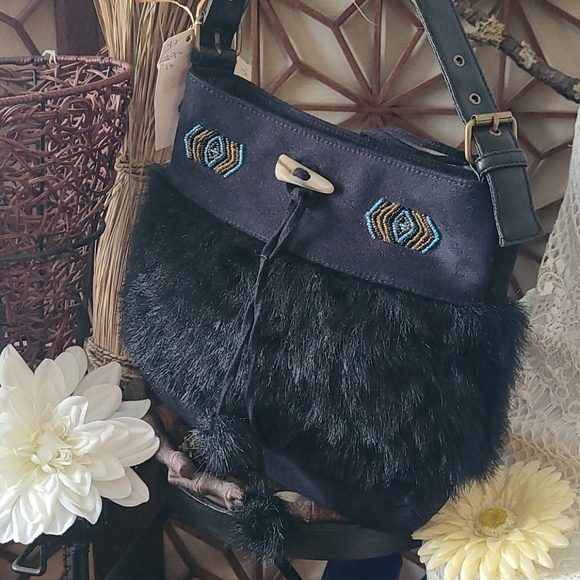 NWOT BO HO BEADED BLACK SUEDE FAUX FUR HANDBAG - Picture 10 of 16